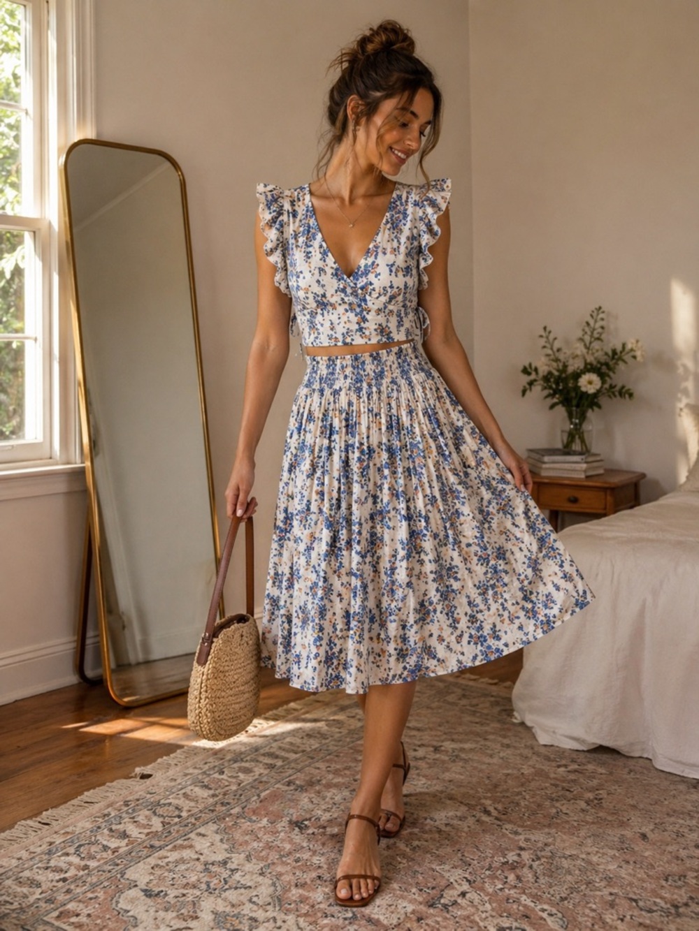 Floral Two-Piece Crop Top & Midi Skirt Set Cottagecore vintage
